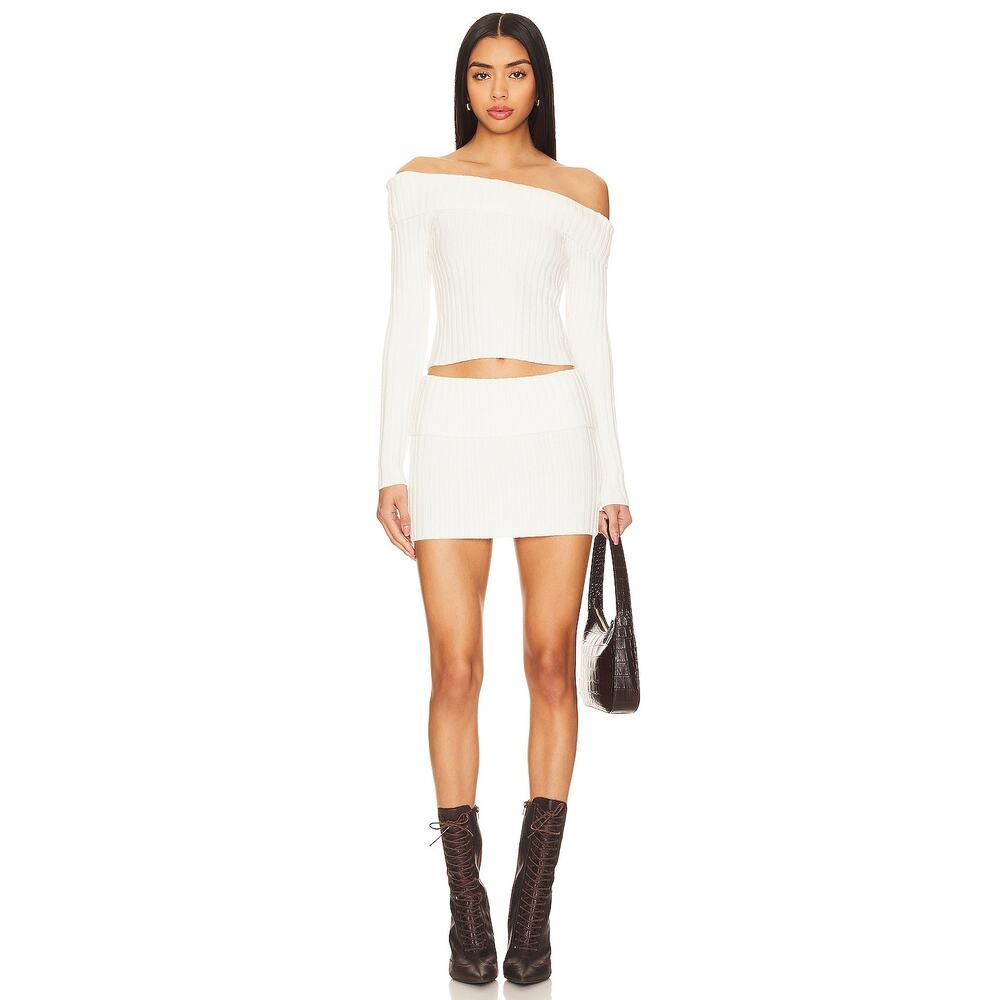 Superdown Ava Mod Retro Knit Ribbed Cozy Chic Cream Skirt Set Small NWT